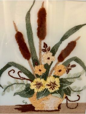 Vintage Crewel Embroidery Wall Art 
 Floral Basket Wood Framed